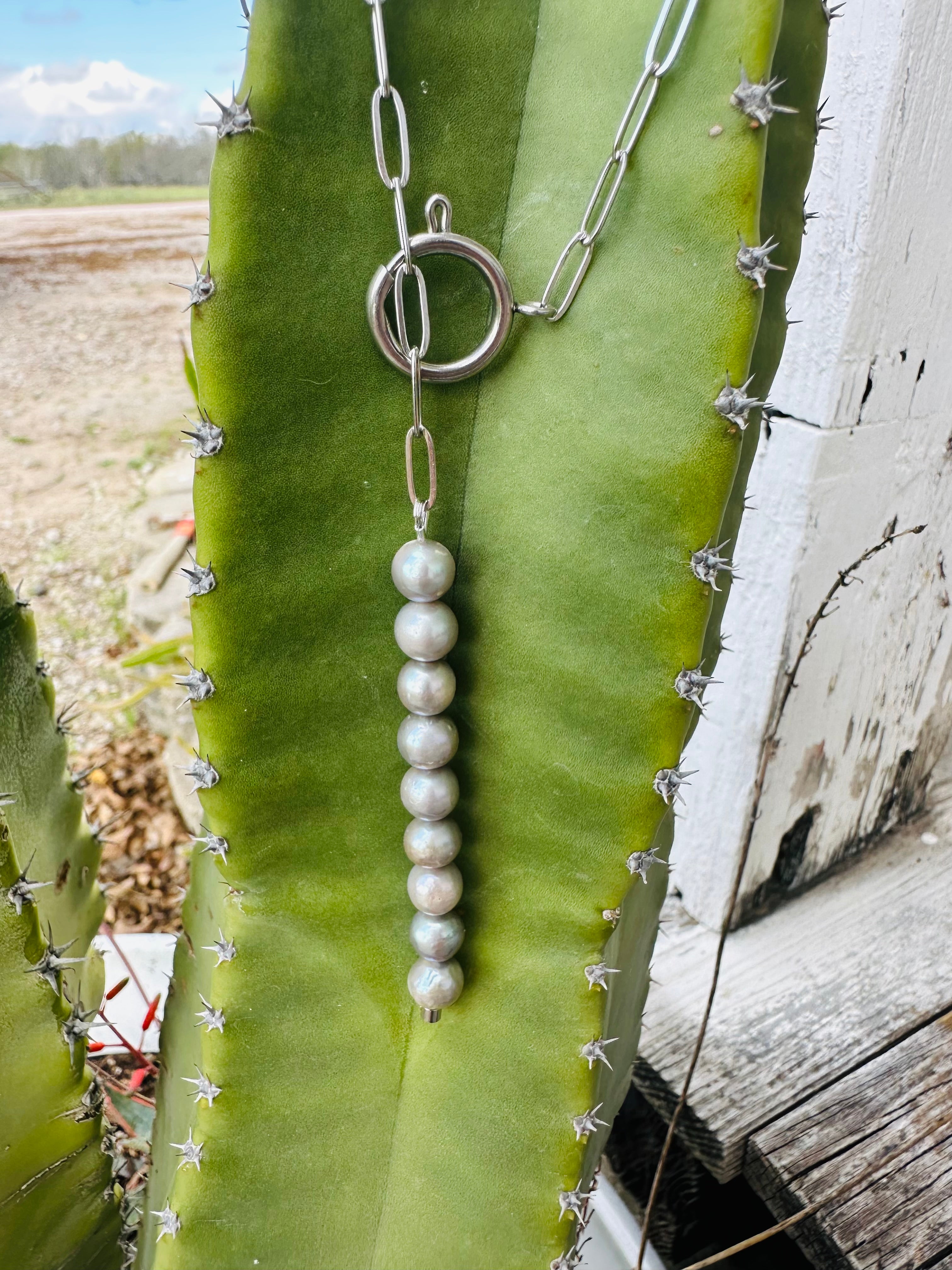 Lariat Silver Pearl Necklace