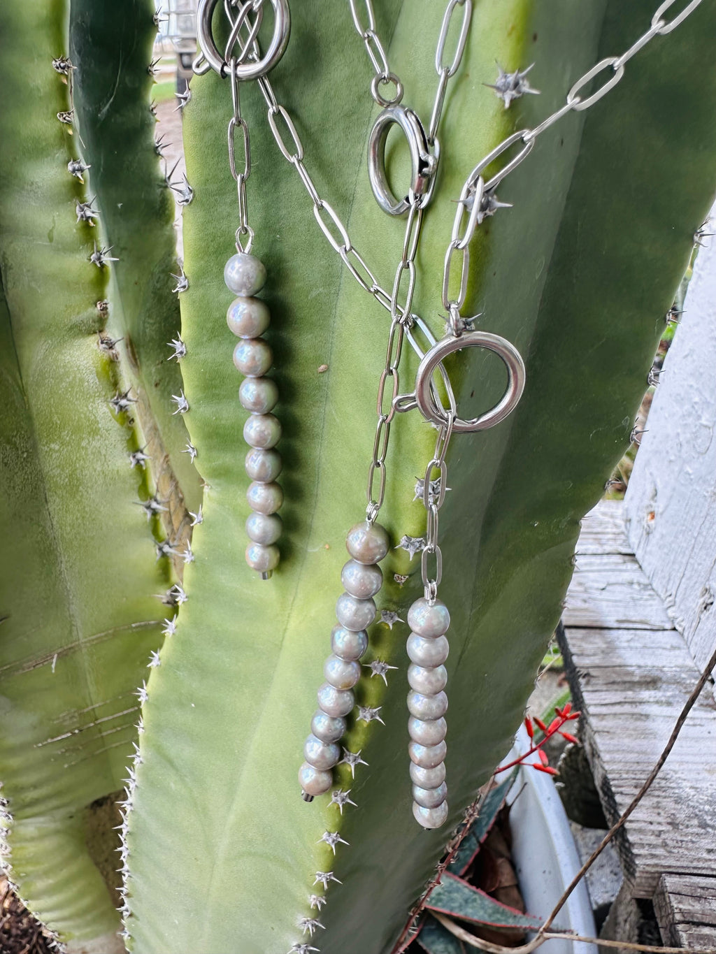 Lariat Silver Pearl Necklace