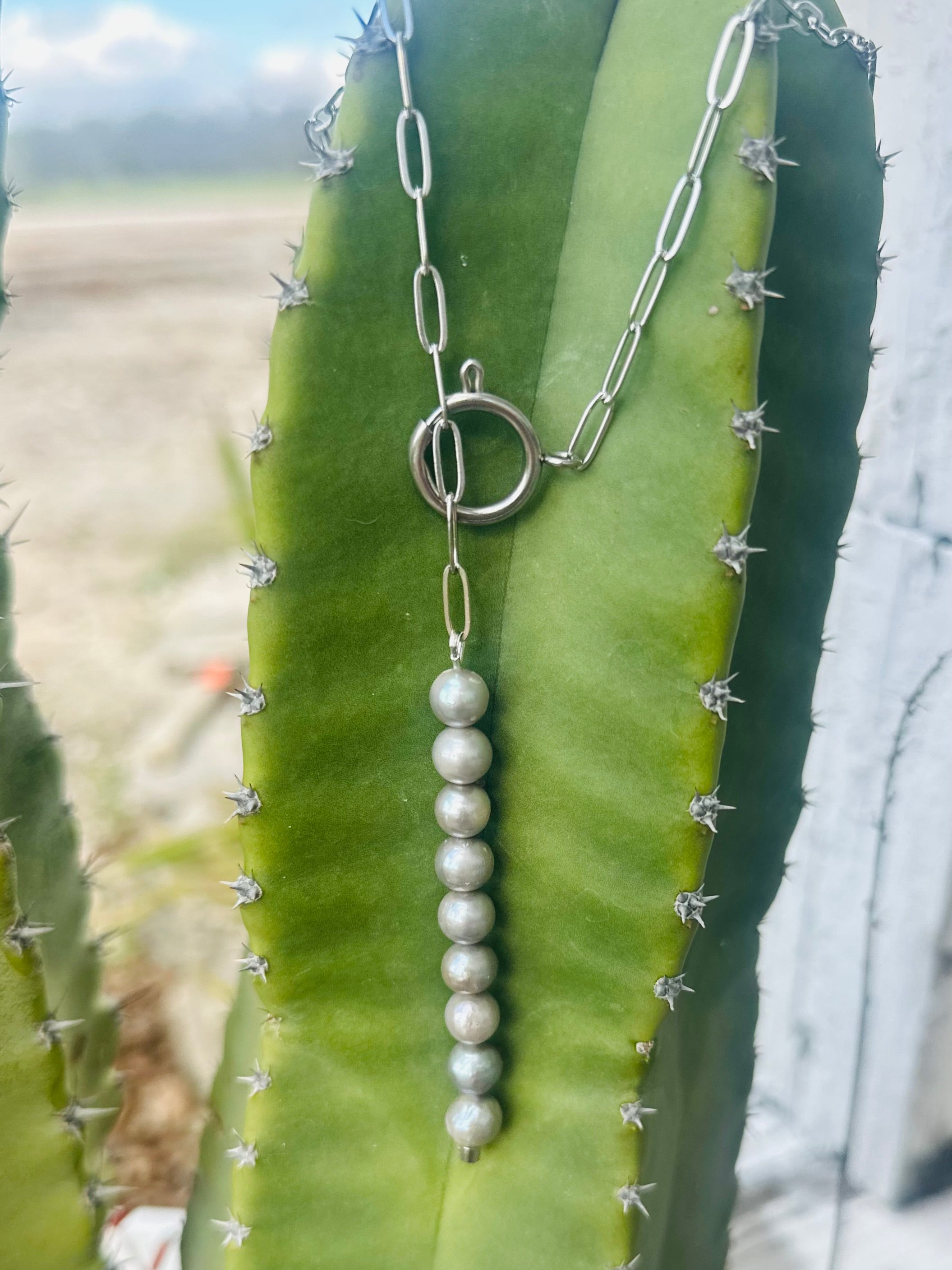 Lariat Silver Pearl Necklace